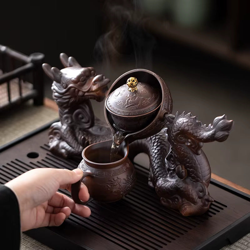 Brown Dragon Rotating Ceramic Ceremonial Tea Set