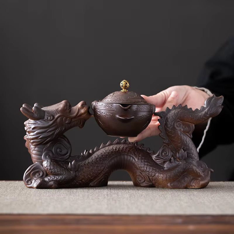 Brown Dragon Rotating Ceramic Ceremonial Tea Set