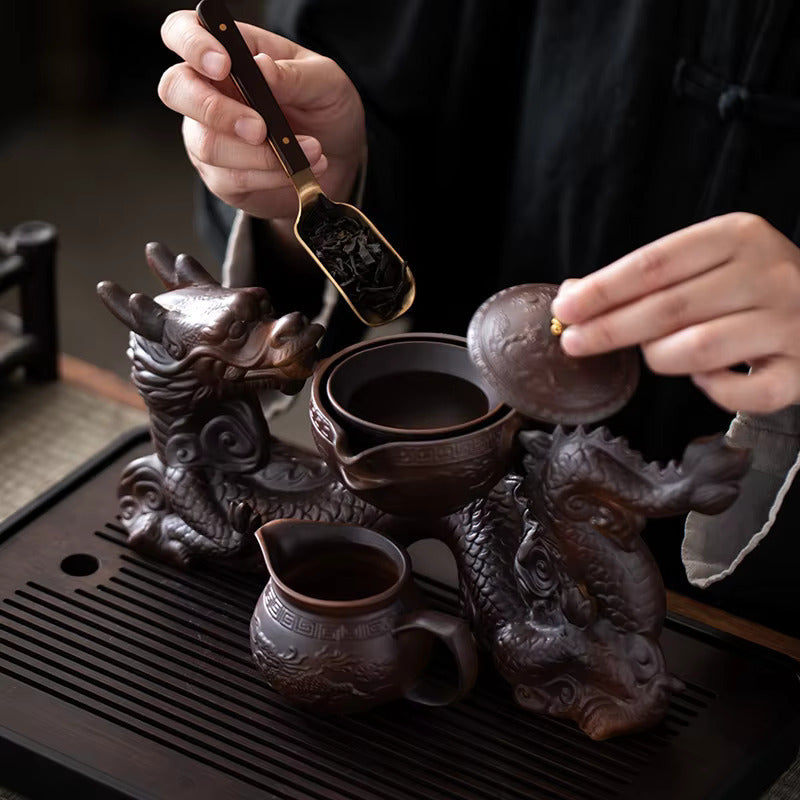 Brown Dragon Rotating Ceramic Ceremonial Tea Set