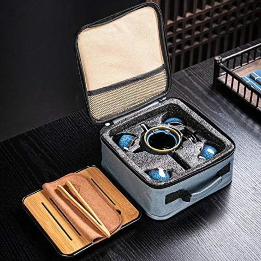 Blue Porcelain Kung Fu Style Ceremonial Travel Tea Set