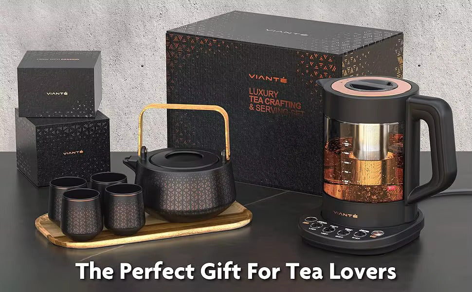 Luxury black electric tea kettle infuser with ceramic and bamboo tea set