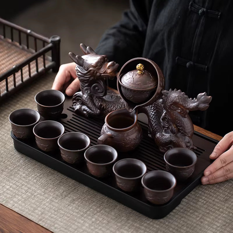 Brown Dragon Rotating Ceramic Ceremonial Tea Set