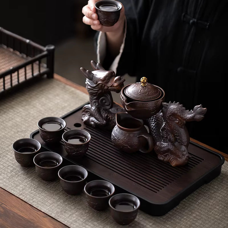 Brown Dragon Rotating Ceramic Ceremonial Tea Set