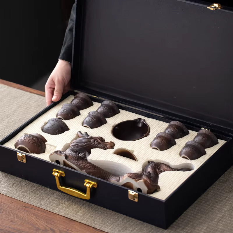 Brown Dragon Rotating Ceramic Ceremonial Tea Set