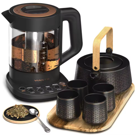 Luxury black electric tea kettle infuser with ceramic and bamboo tea set