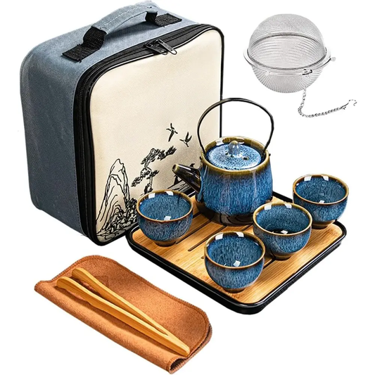 Blue Porcelain Kung Fu Style Ceremonial Travel Tea Set