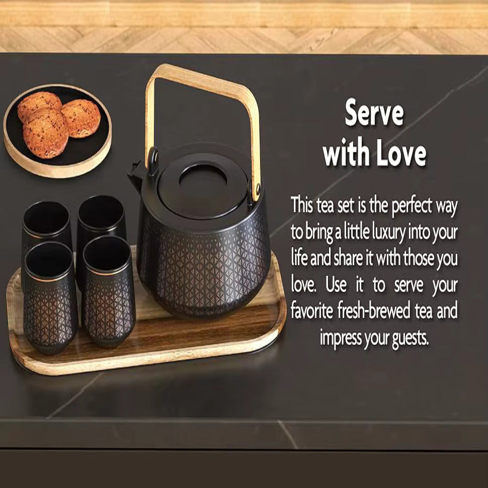 Luxury black electric tea kettle infuser with ceramic and bamboo tea set