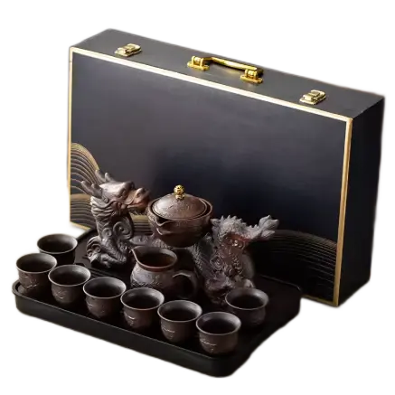 Brown Dragon Rotating Ceramic Ceremonial Tea Set