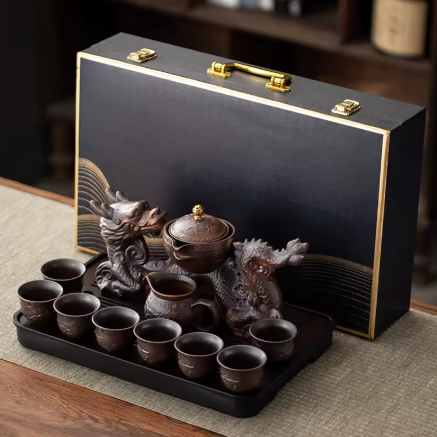 Brown Dragon Rotating Ceramic Ceremonial Tea Set